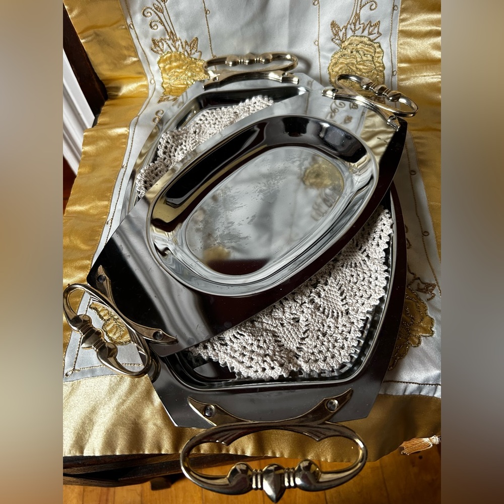 Vintage Kromex 14.5" and 17”” Chrome Serving Trays with Goldtone handles